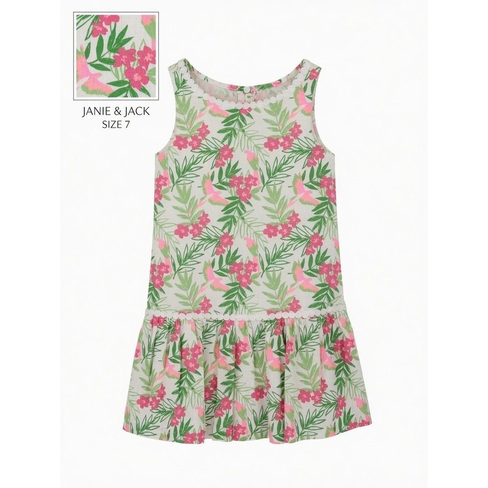 Janie & Jack Tropical Floral Dress Pink Green Girls 7 Copacabana Blooms Aloha EU
